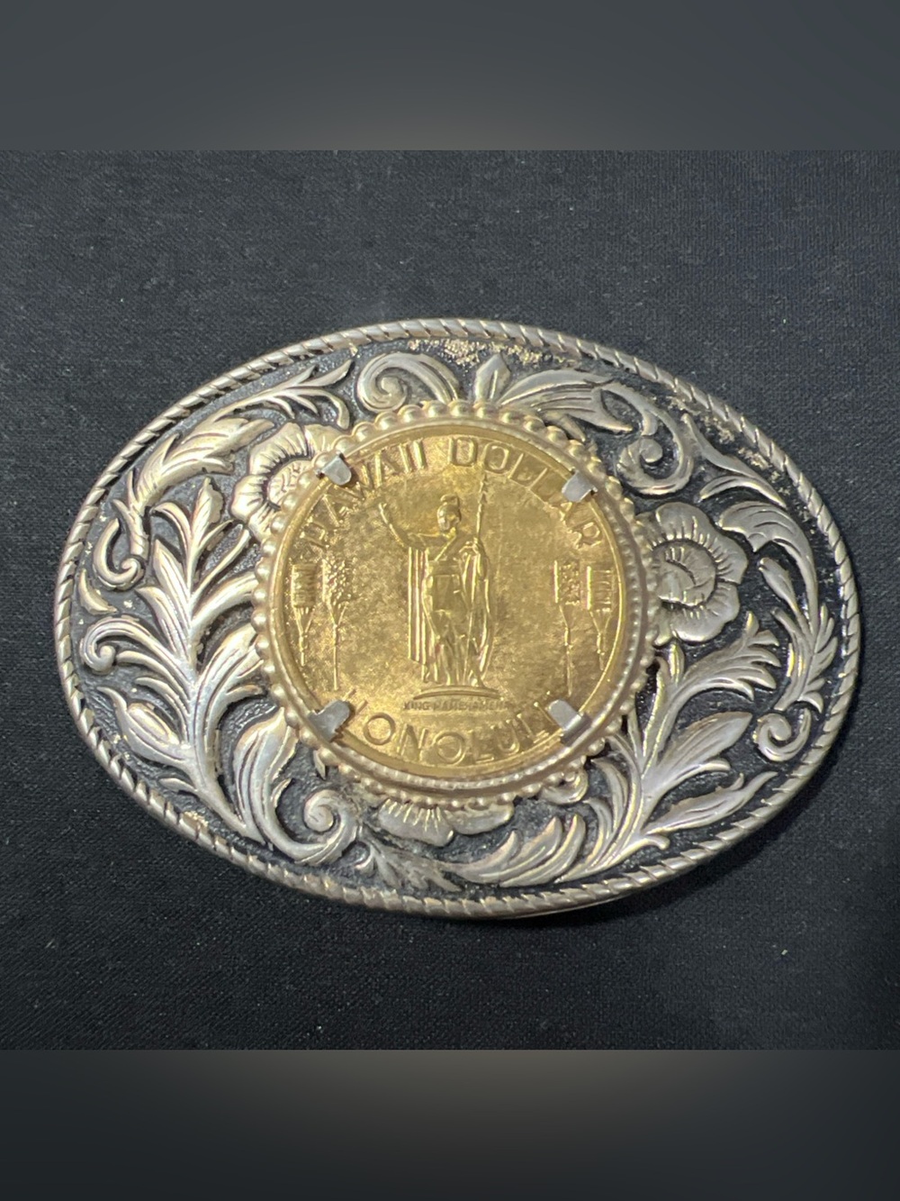 Vintage Hawaii Dollar Coin Belt Buckle Metal Brass Floral Design King Kamehameha